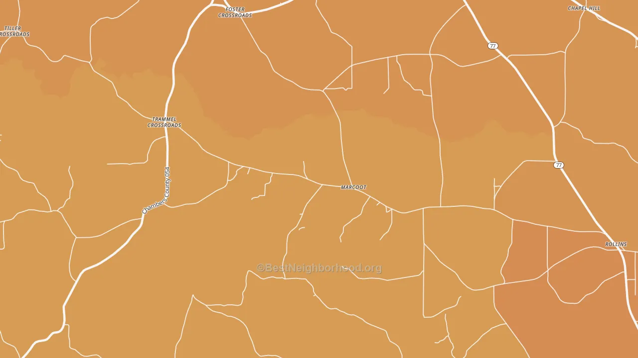Map of the best neighborhoods in the Marcoot area, with better matches in green and worse matches in red