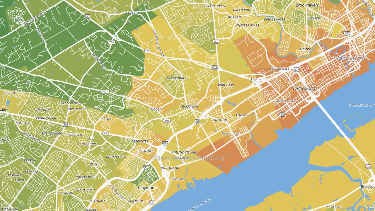 Map of the best neighborhoods in the Marcus Hook area, with better matches in green and worse matches in red