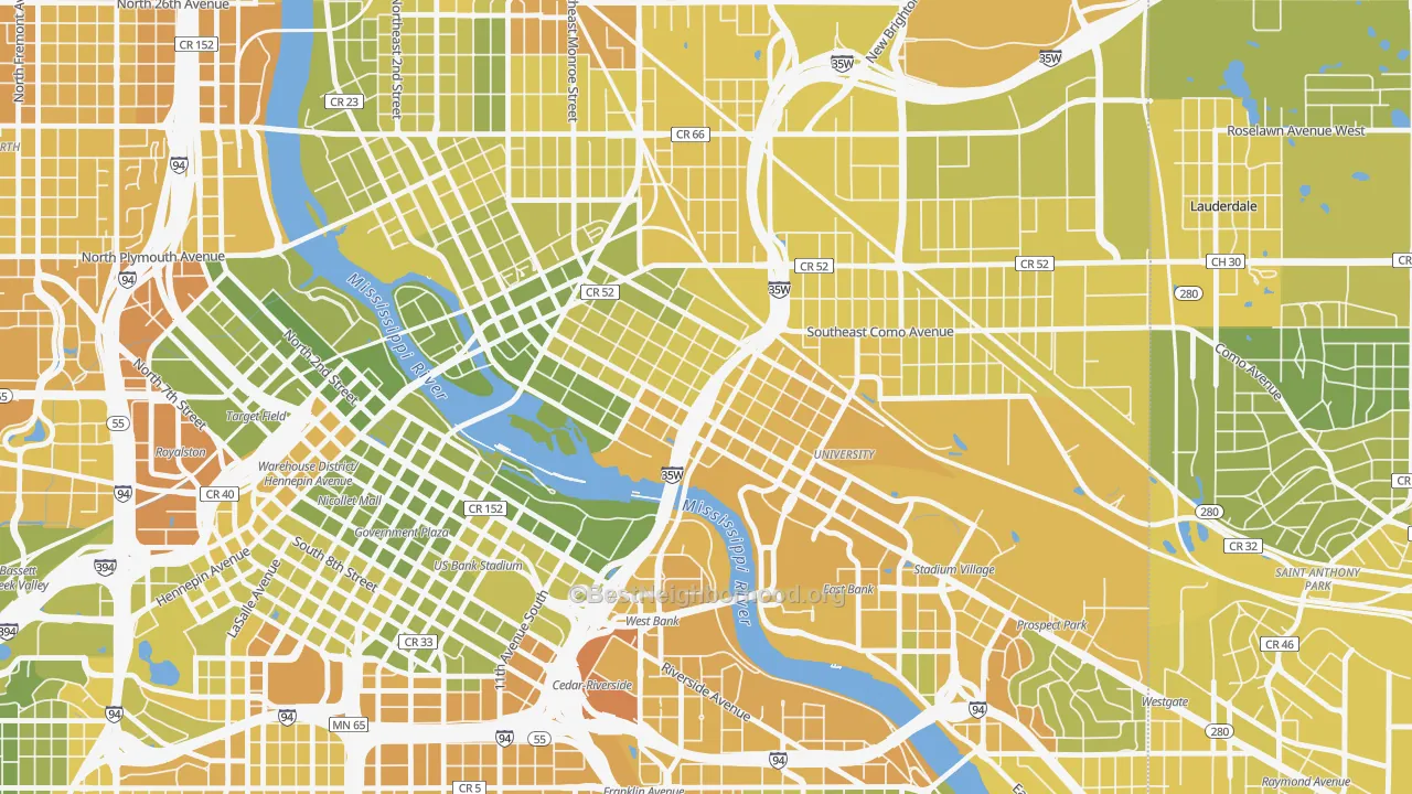 Map of the best neighborhoods in the Marcy Holmes, Minneapolis area, with better matches in green and worse matches in red
