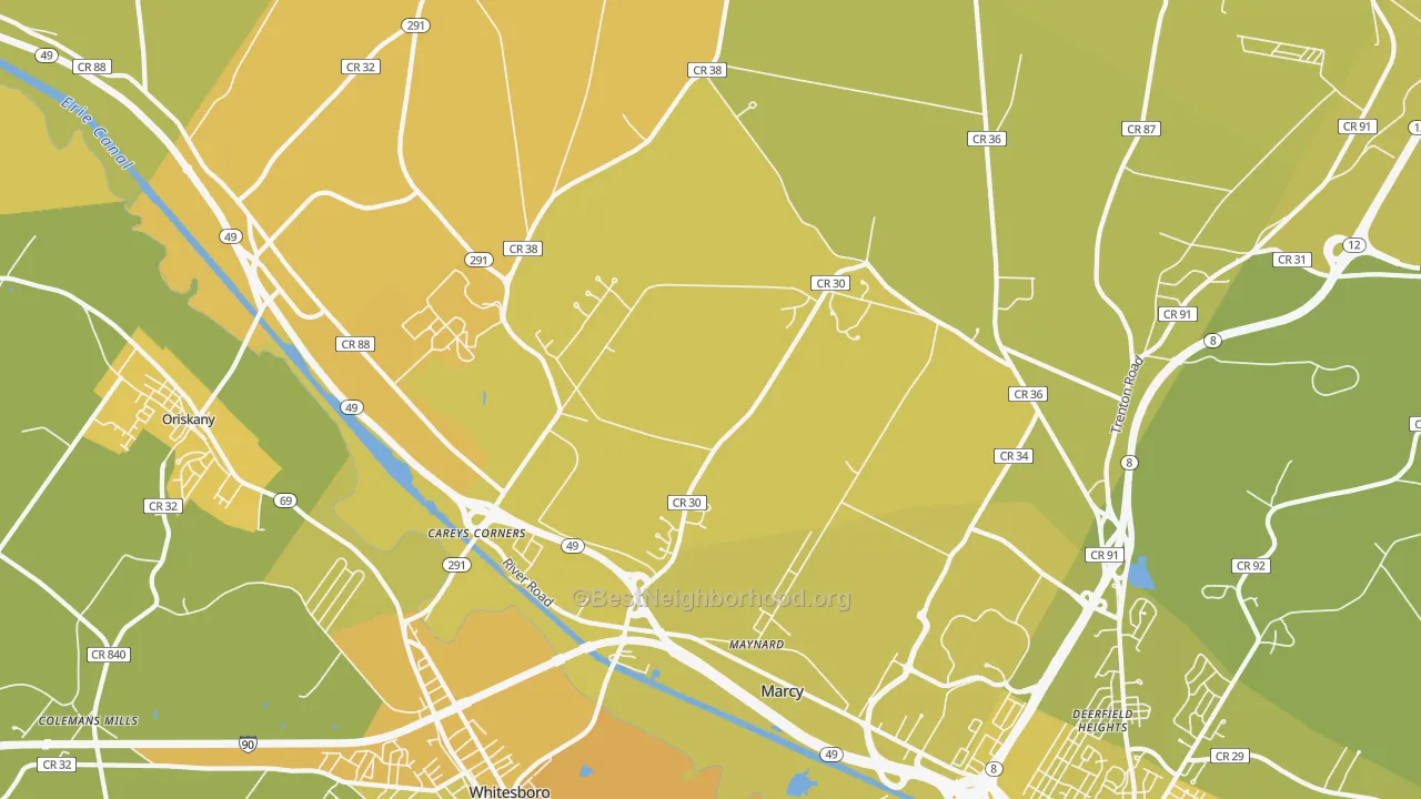 Map of the best neighborhoods in the Marcy area, with better matches in green and worse matches in red