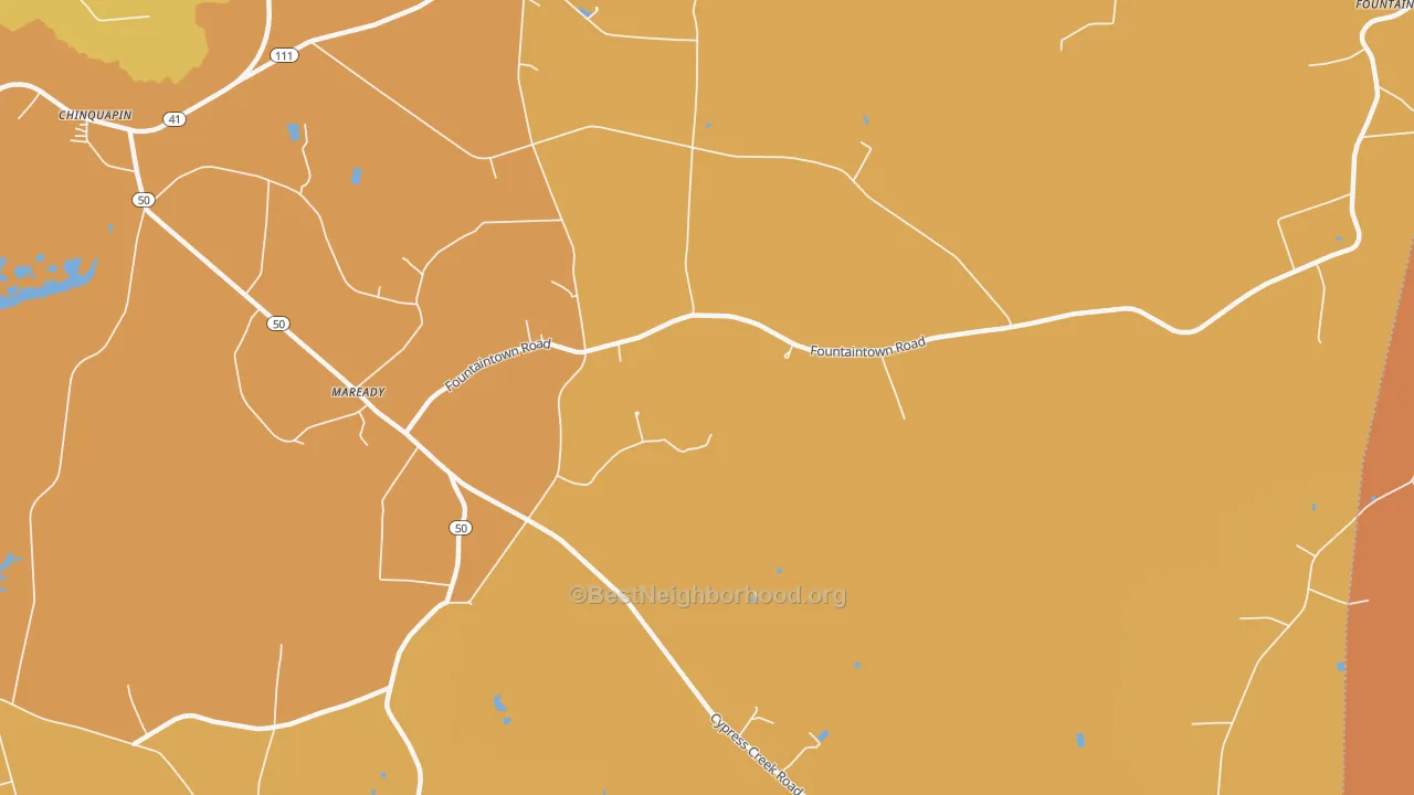 Map of the best neighborhoods in the Maready area, with better matches in green and worse matches in red