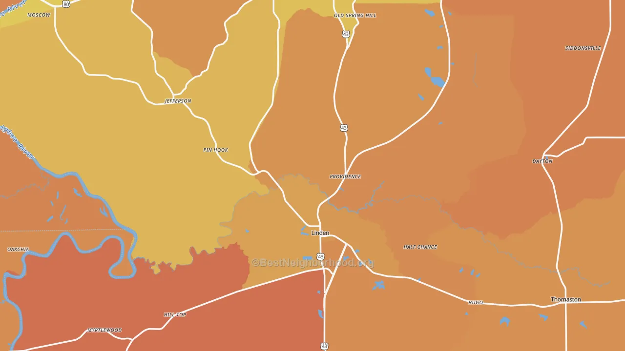 Map of the best neighborhoods in the Marengo County area, with better matches in green and worse matches in red