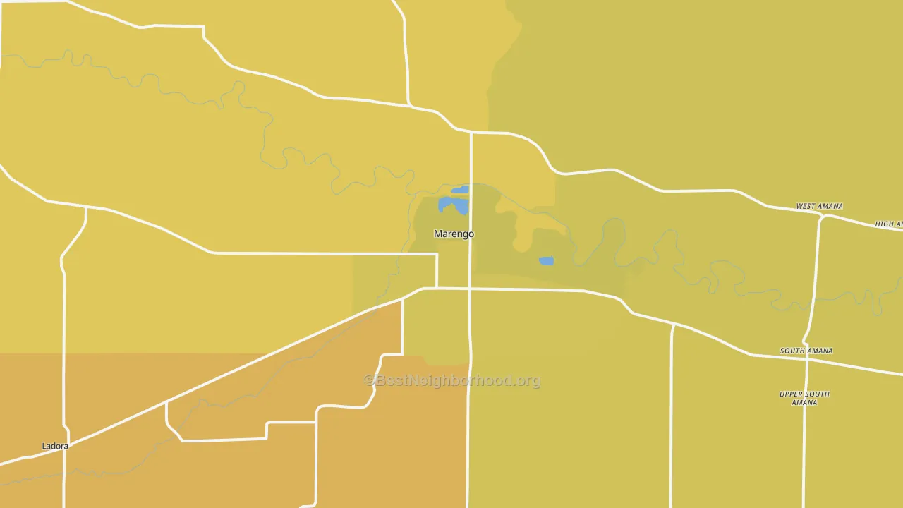 Map of the best neighborhoods in the Marengo area, with better matches in green and worse matches in red