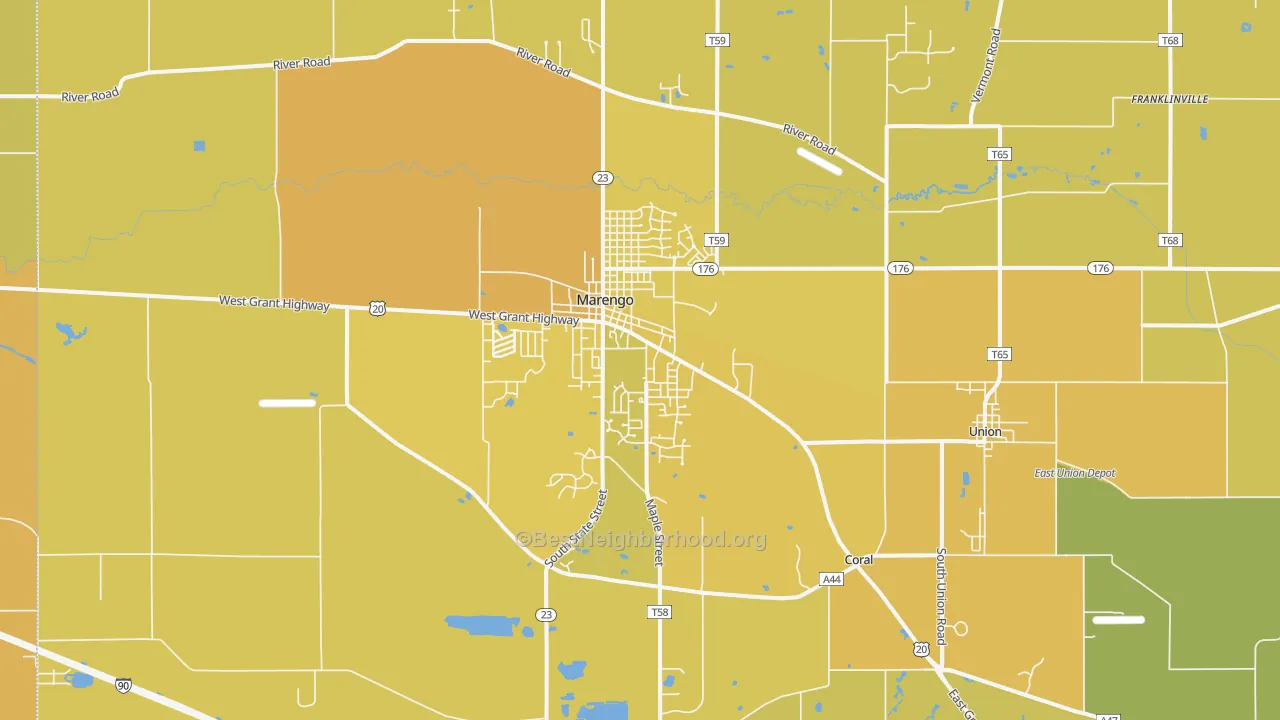Map of the best neighborhoods in the Marengo area, with better matches in green and worse matches in red