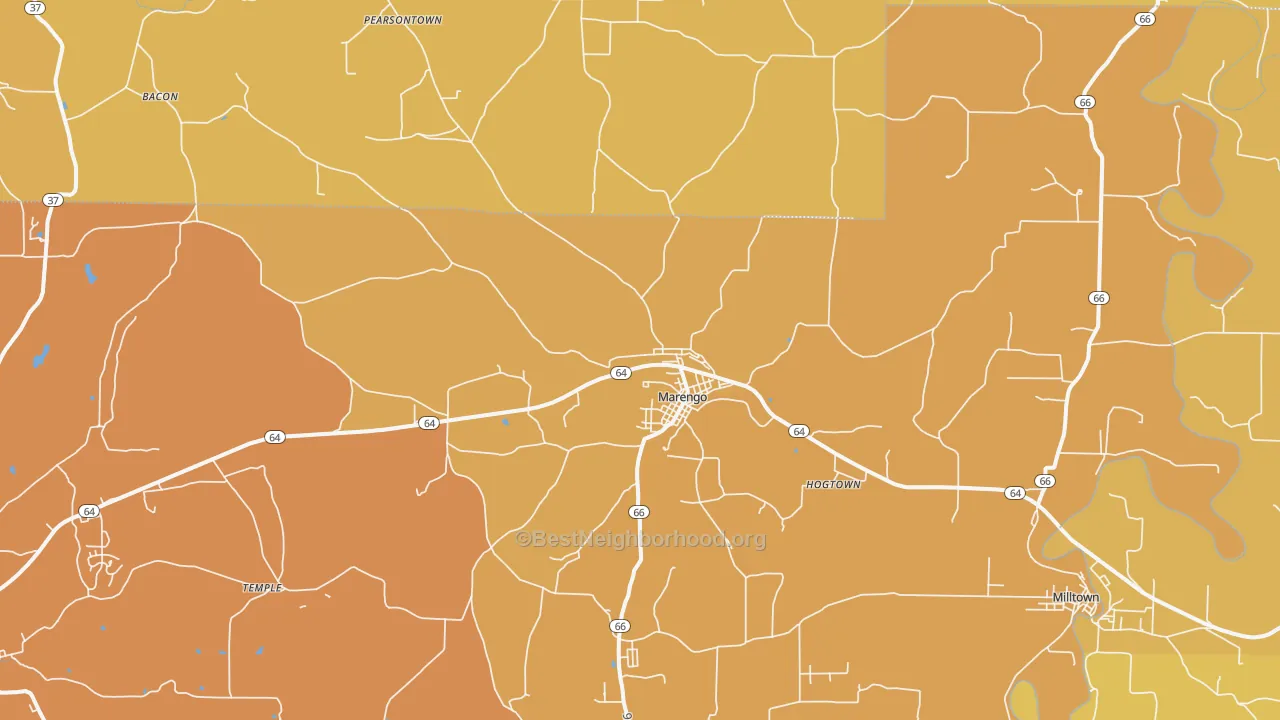 Map of the best neighborhoods in the Marengo area, with better matches in green and worse matches in red
