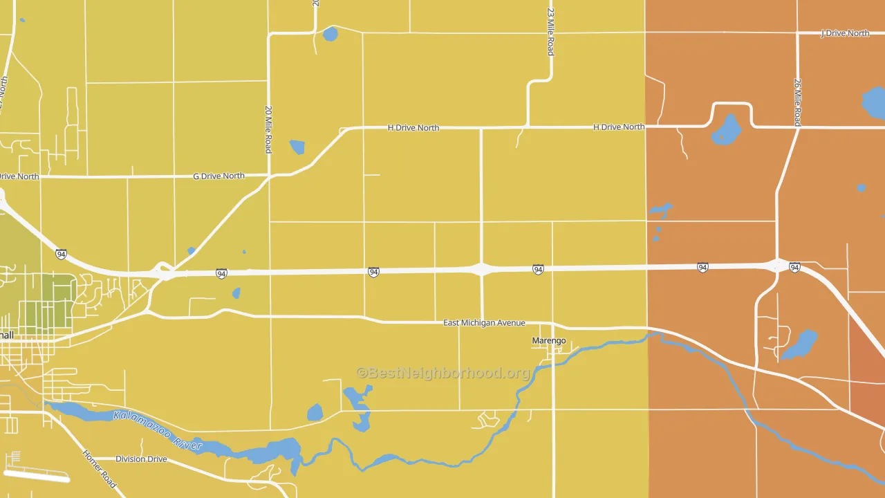 Map of the best neighborhoods in the Marengo area, with better matches in green and worse matches in red
