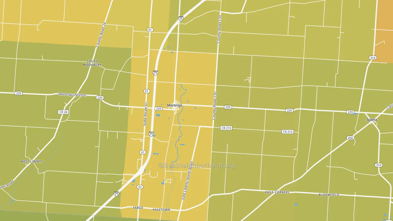 Map of the best neighborhoods in the Marengo area, with better matches in green and worse matches in red