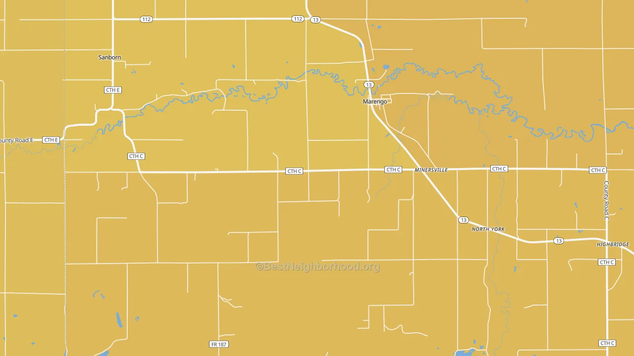 Map of the best neighborhoods in the Marengo area, with better matches in green and worse matches in red
