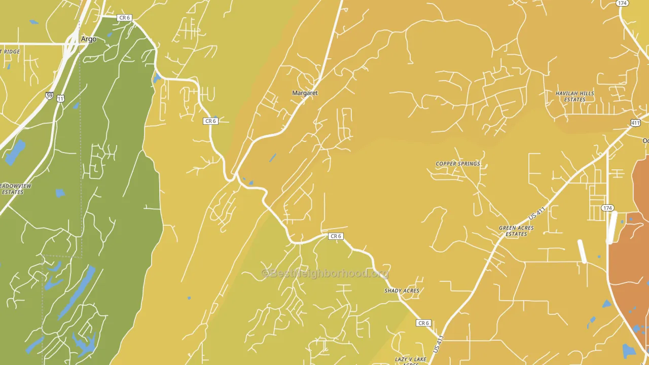 Map of the best neighborhoods in the Margaret area, with better matches in green and worse matches in red