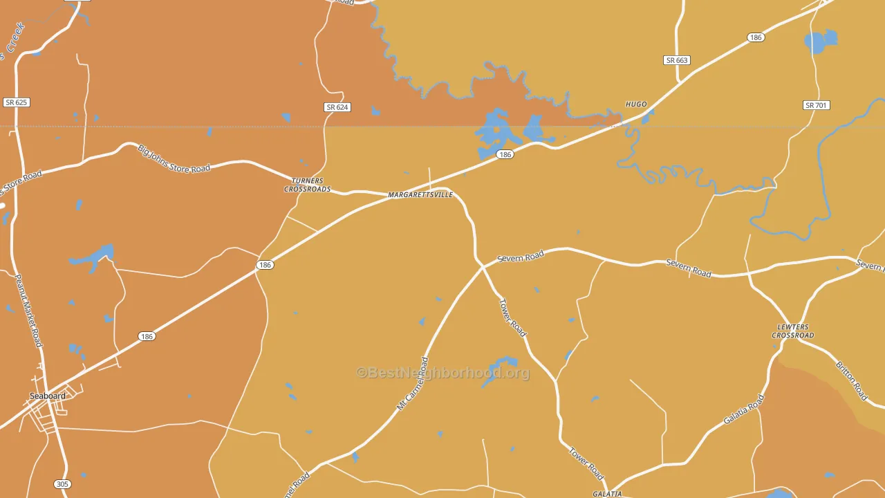 Map of the best neighborhoods in the Margarettsville area, with better matches in green and worse matches in red