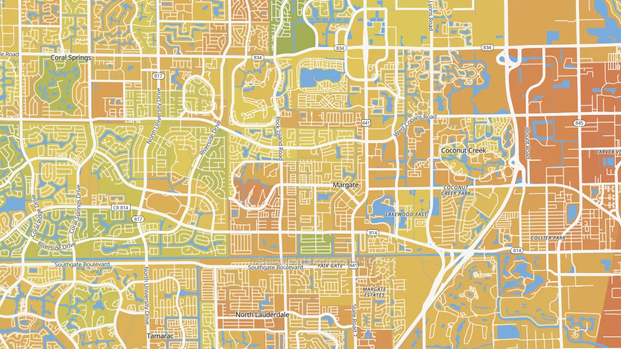 Map of the best neighborhoods in the Margate area, with better matches in green and worse matches in red