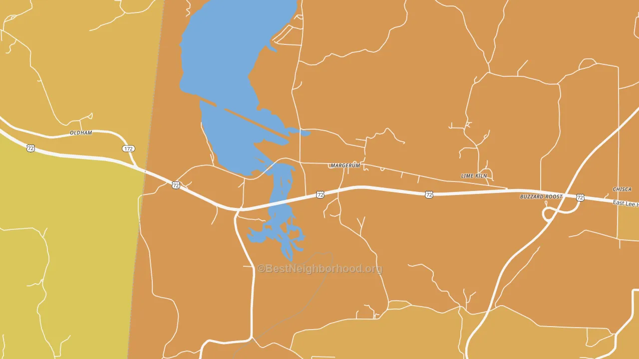 Map of the best neighborhoods in the Margerum area, with better matches in green and worse matches in red