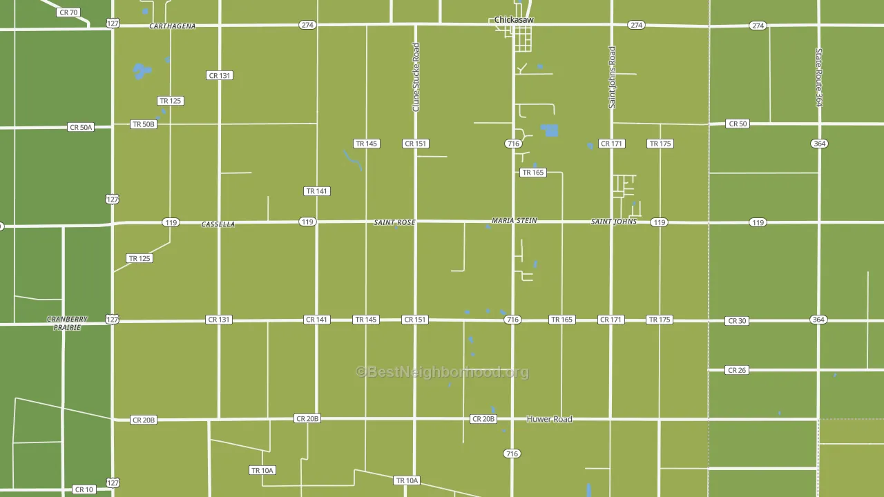 Map of the best neighborhoods in the Maria Stein area, with better matches in green and worse matches in red