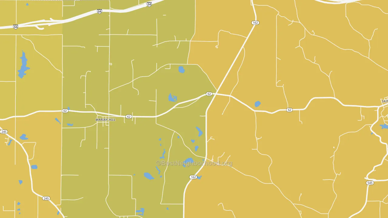 Map of the best neighborhoods in the Mariah Hill area, with better matches in green and worse matches in red