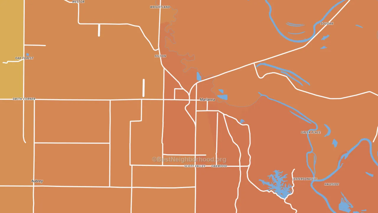Map of the best neighborhoods in the Marianna area, with better matches in green and worse matches in red