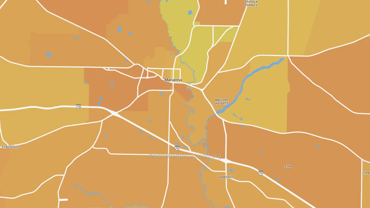 Map of the best neighborhoods in the Marianna area, with better matches in green and worse matches in red