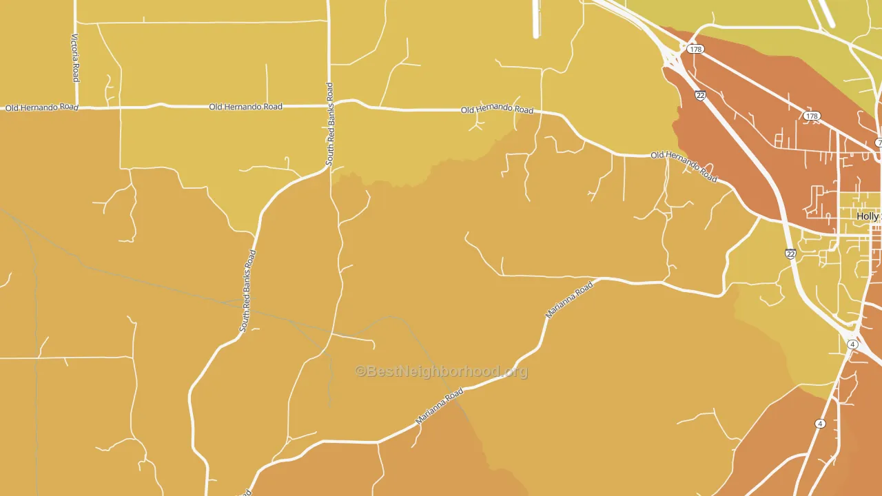 Map of the best neighborhoods in the Marianna area, with better matches in green and worse matches in red