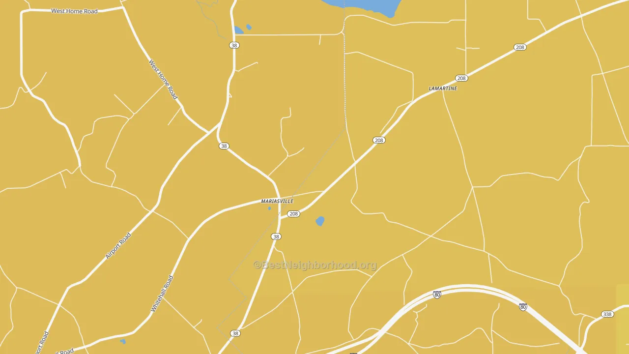 Map of the best neighborhoods in the Mariasville area, with better matches in green and worse matches in red