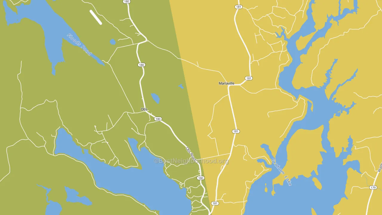Map of the best neighborhoods in the Mariaville area, with better matches in green and worse matches in red