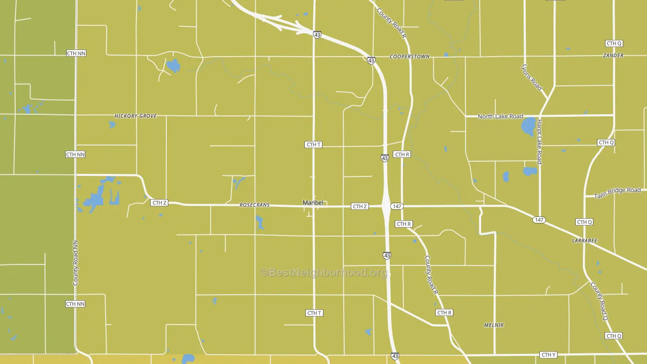 Map of the best neighborhoods in the Maribel area, with better matches in green and worse matches in red