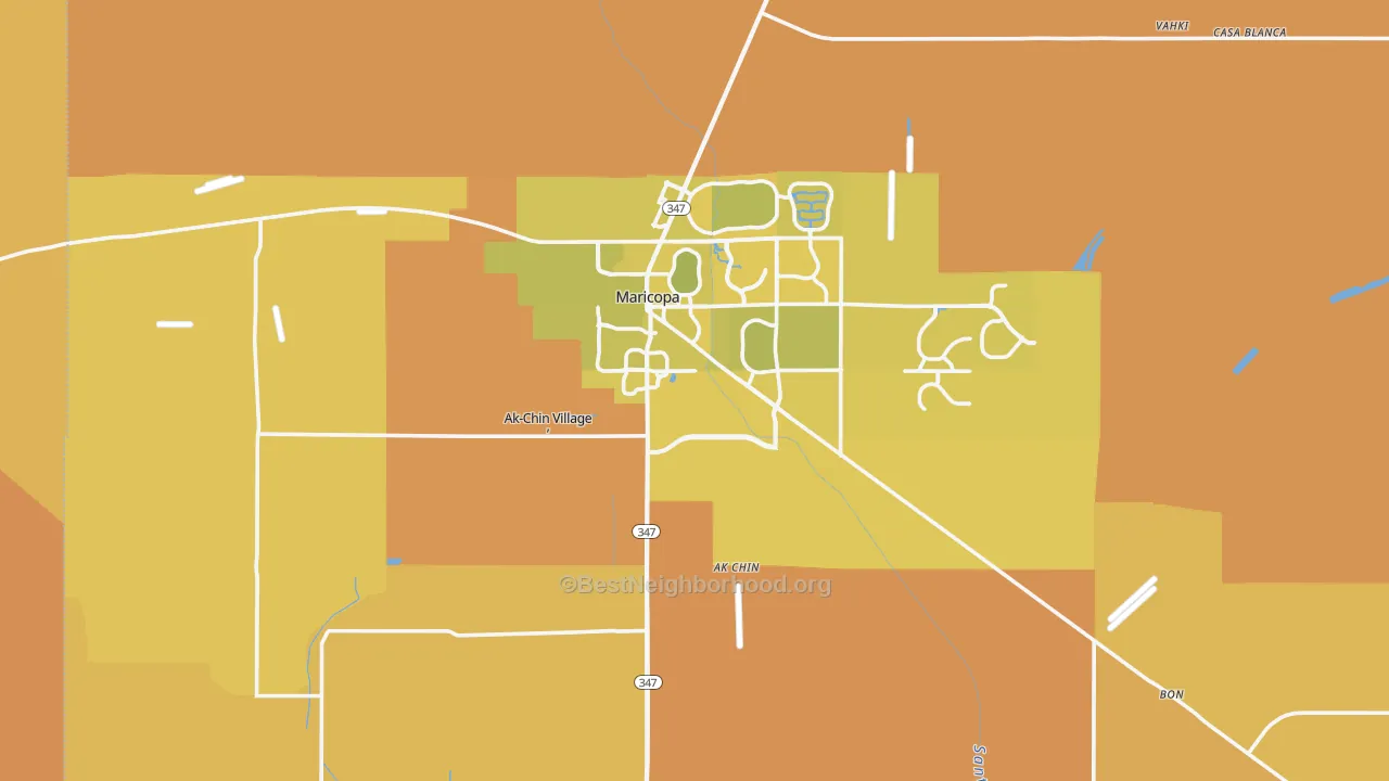 Map of the best neighborhoods in the Maricopa area, with better matches in green and worse matches in red
