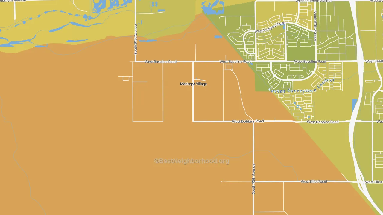 Map of the best neighborhoods in the Maricopa Colony area, with better matches in green and worse matches in red