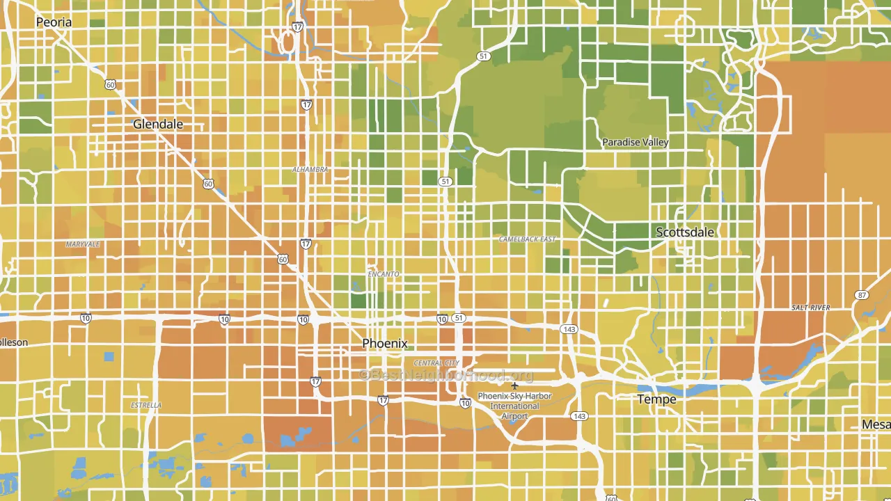 Map of the best neighborhoods in the Maricopa County area, with better matches in green and worse matches in red