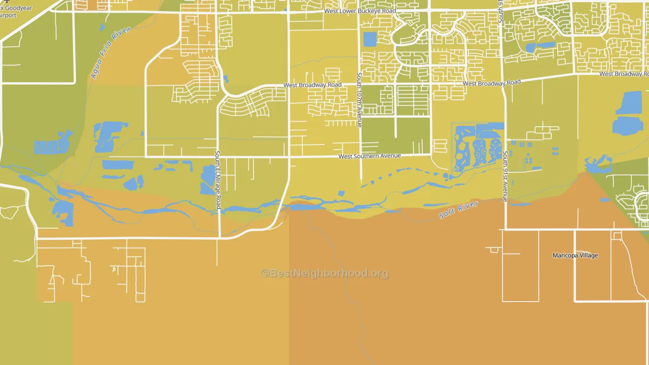 Map of the best neighborhoods in the Maricopa Village area, with better matches in green and worse matches in red