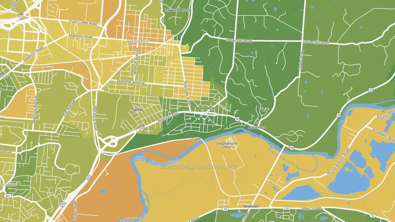 Map of the best neighborhoods in the Mariemont area, with better matches in green and worse matches in red