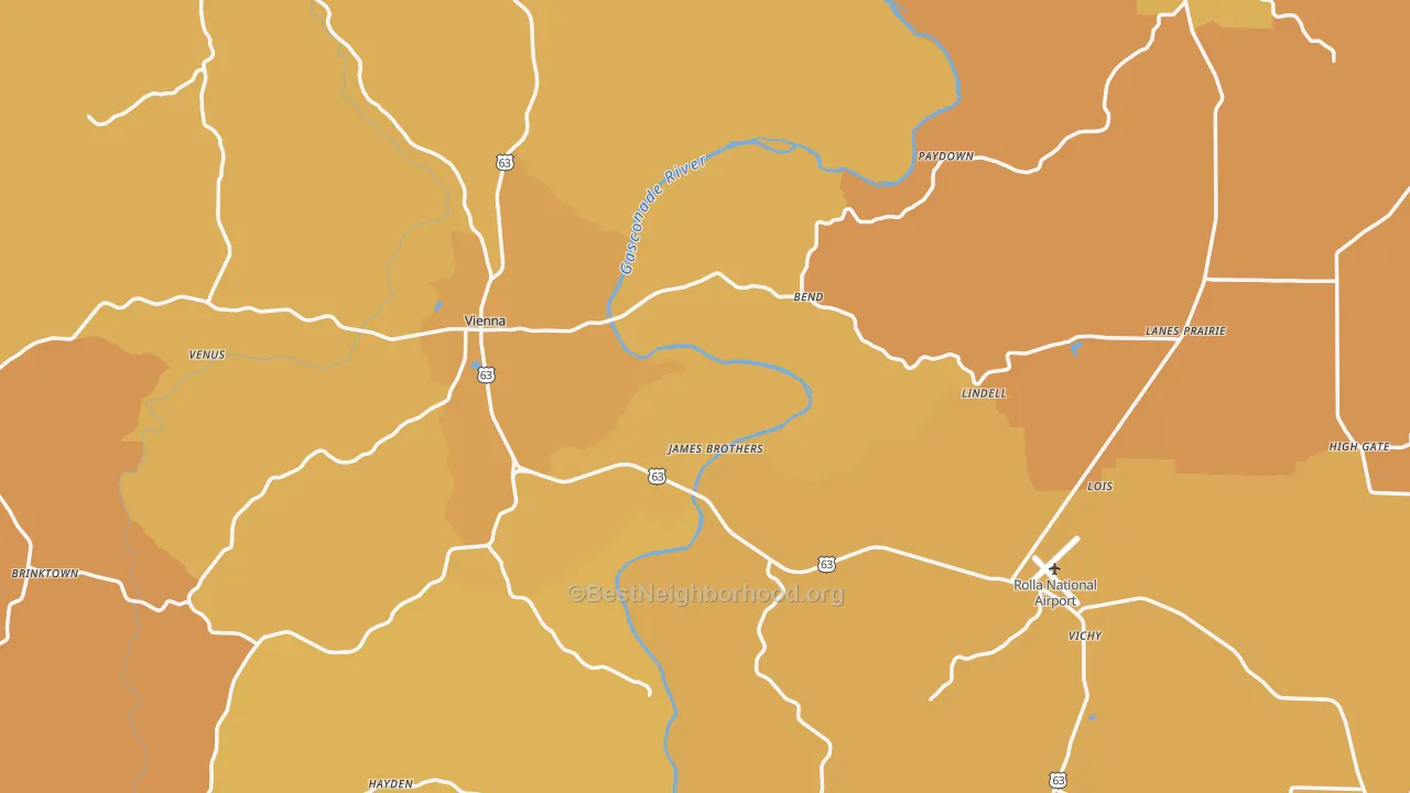 Map of the best neighborhoods in the Maries County area, with better matches in green and worse matches in red