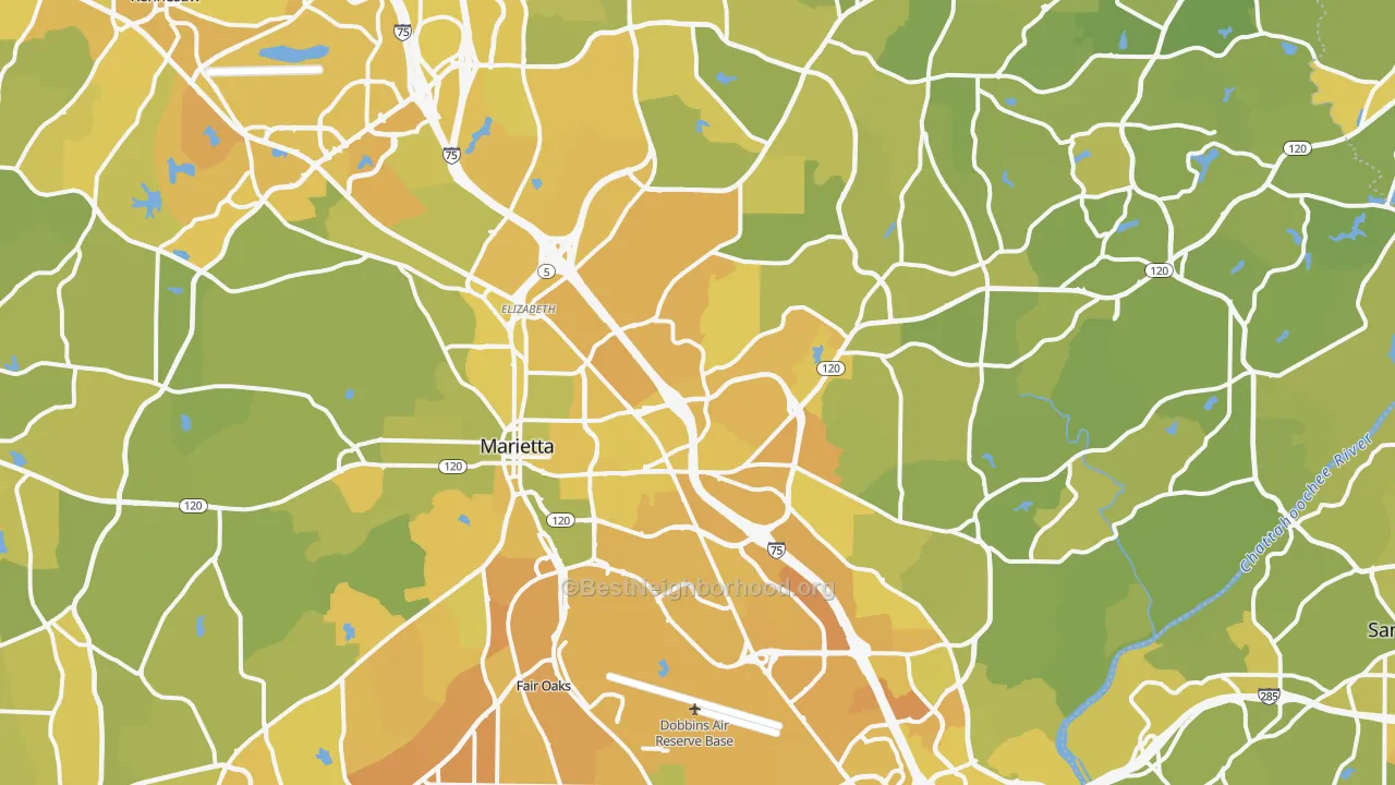 Map of the best neighborhoods in the Marietta area, with better matches in green and worse matches in red