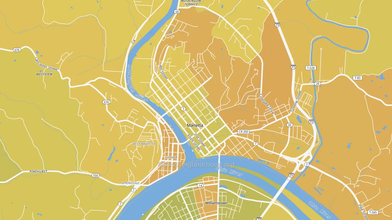 Map of the best neighborhoods in the Marietta Historic District, Marietta area, with better matches in green and worse matches in red