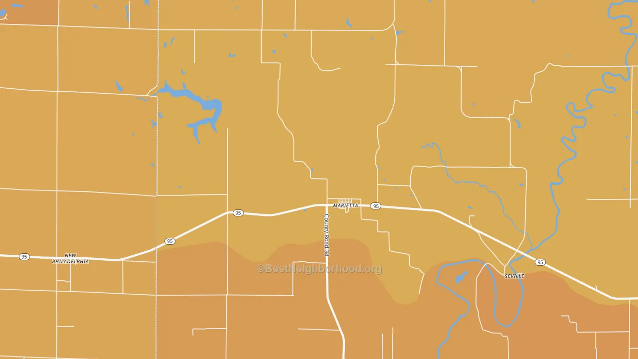 Map of the best neighborhoods in the Marietta area, with better matches in green and worse matches in red