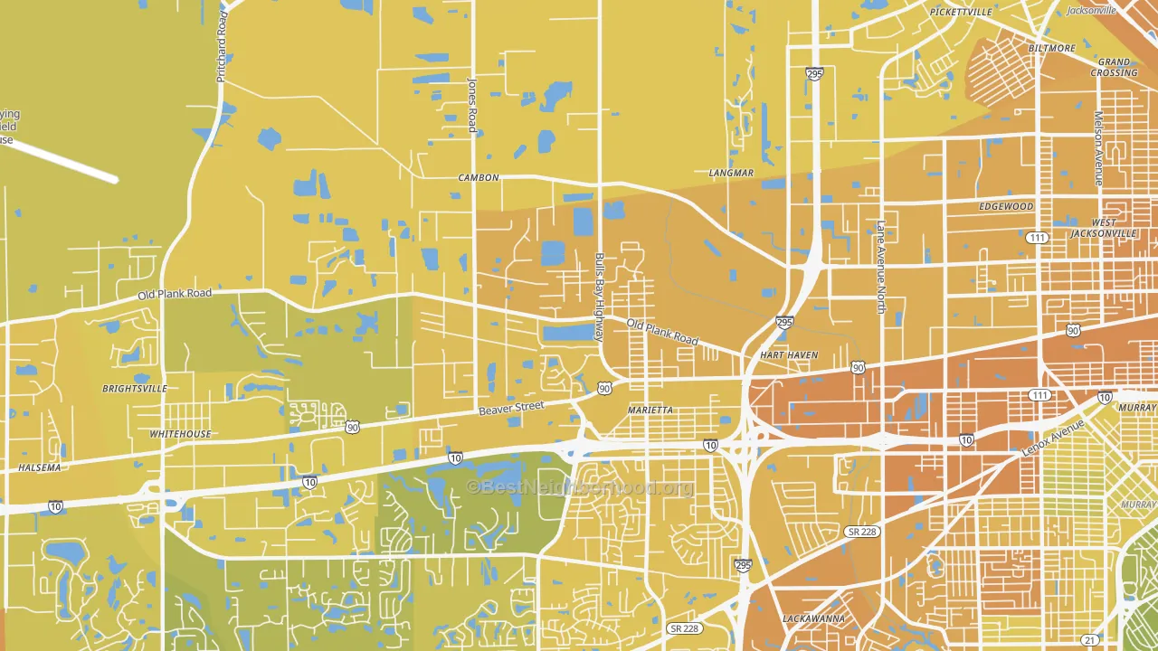 Map of the best neighborhoods in the Marietta, Jacksonville area, with better matches in green and worse matches in red