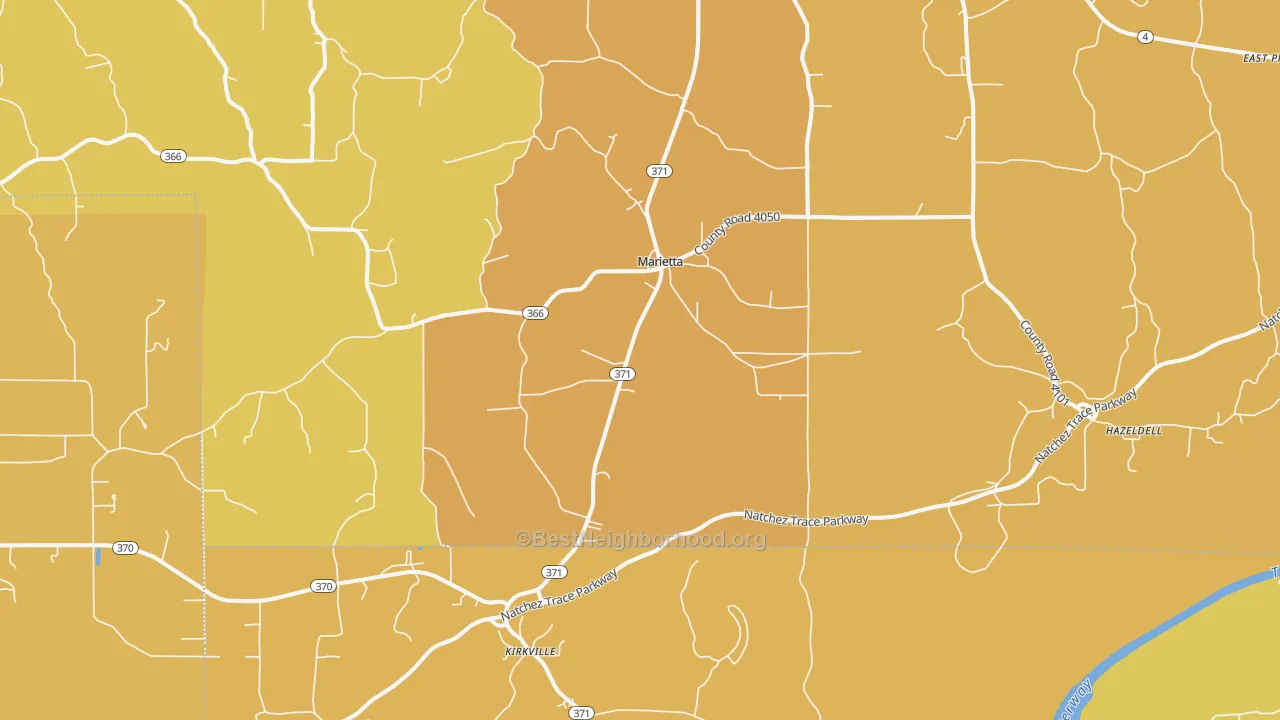 Map of the best neighborhoods in the Marietta area, with better matches in green and worse matches in red