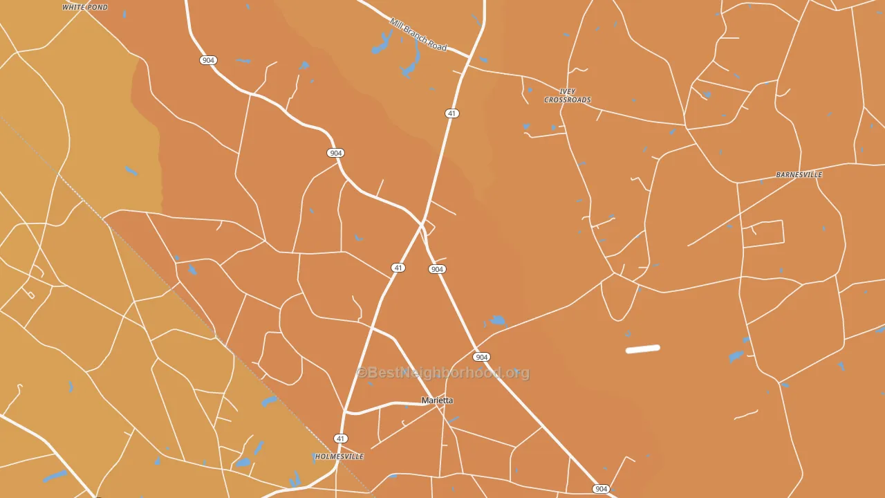 Map of the best neighborhoods in the Marietta area, with better matches in green and worse matches in red
