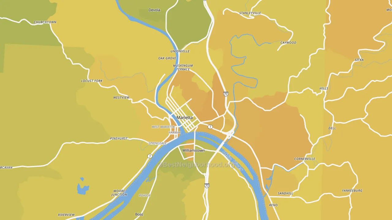Map of the best neighborhoods in the Marietta area, with better matches in green and worse matches in red