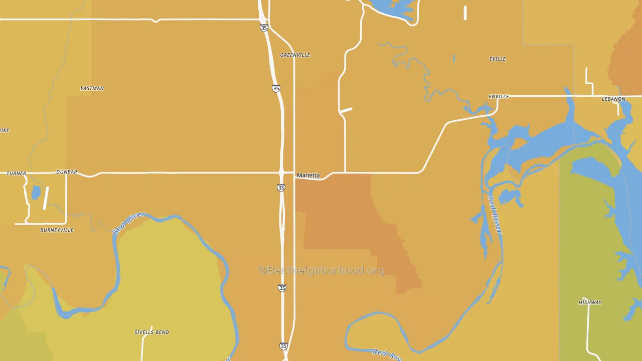 Map of the best neighborhoods in the Marietta area, with better matches in green and worse matches in red