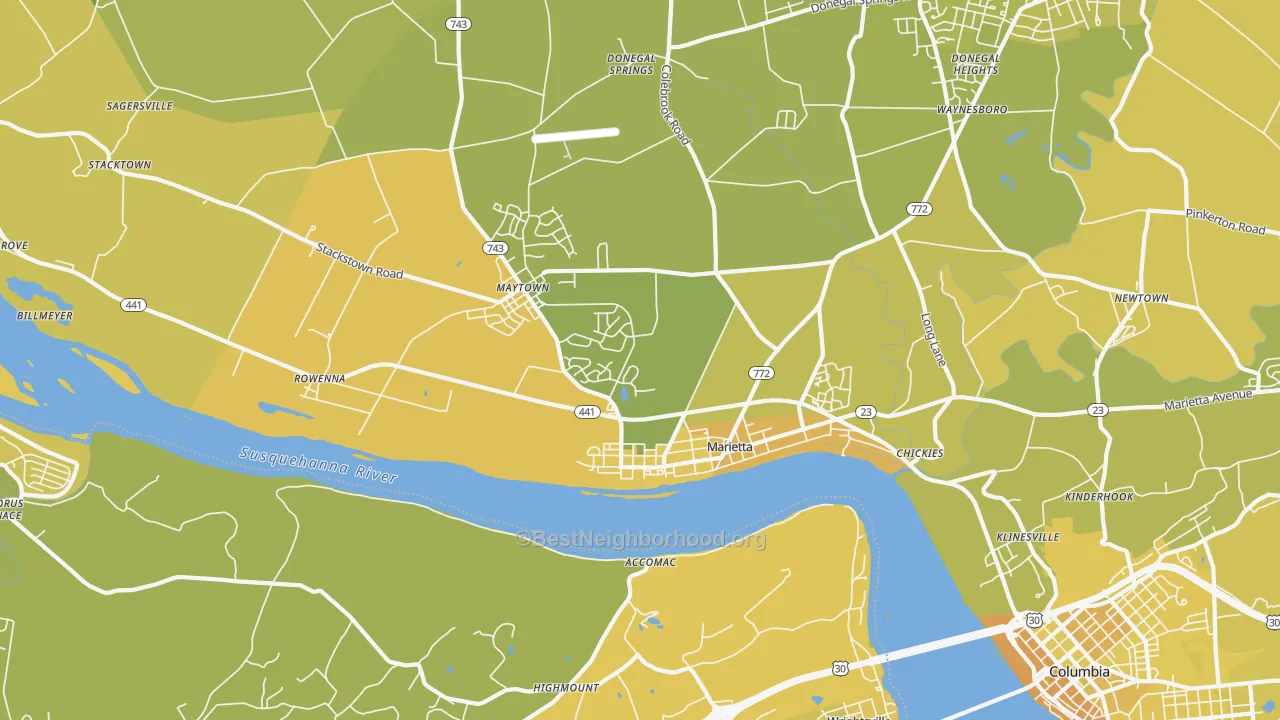 Map of the best neighborhoods in the Marietta area, with better matches in green and worse matches in red