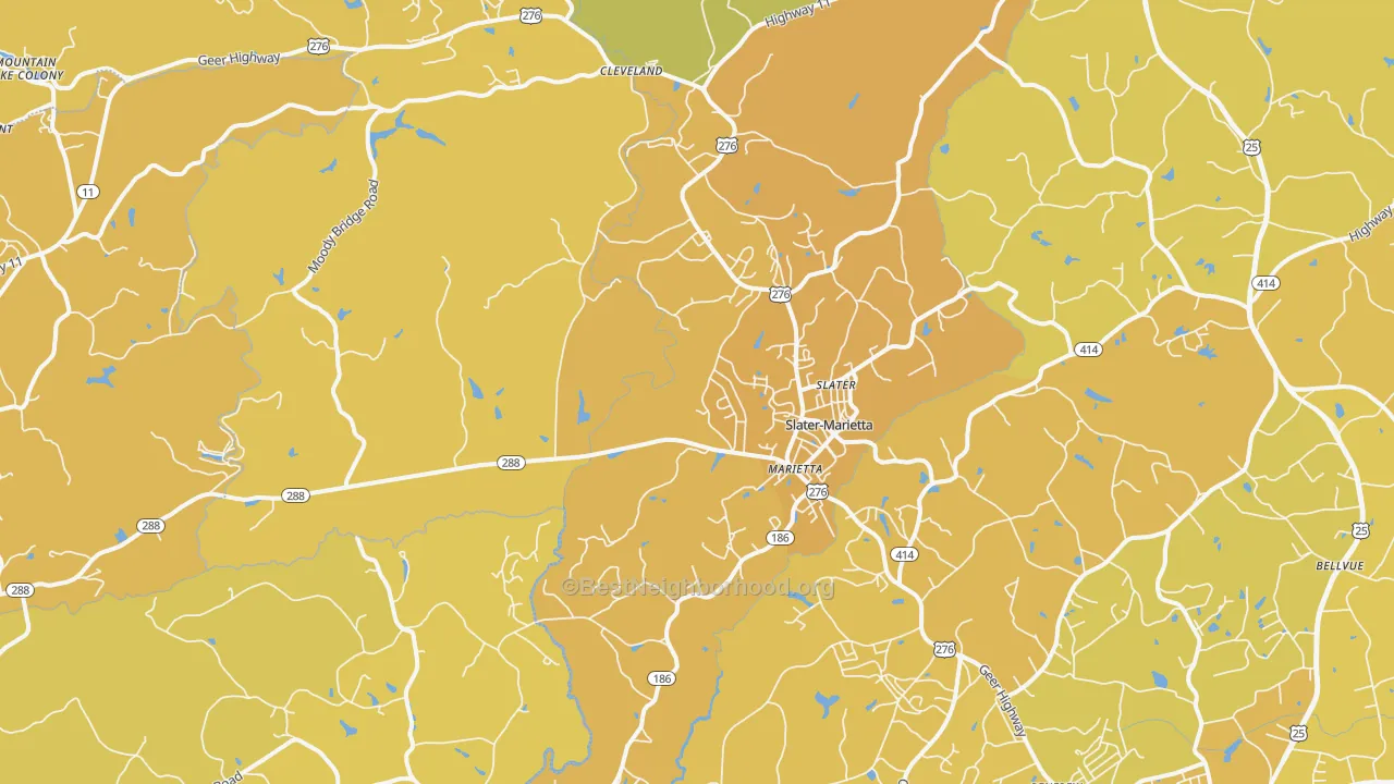 Map of the best neighborhoods in the Marietta area, with better matches in green and worse matches in red