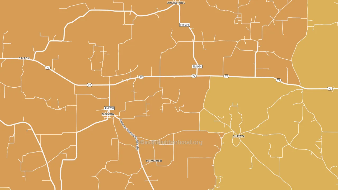 Map of the best neighborhoods in the Marietta area, with better matches in green and worse matches in red