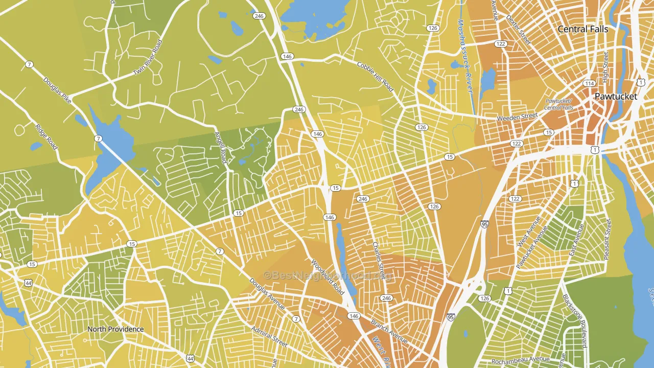 Map of the best neighborhoods in the Marieville, Providence area, with better matches in green and worse matches in red