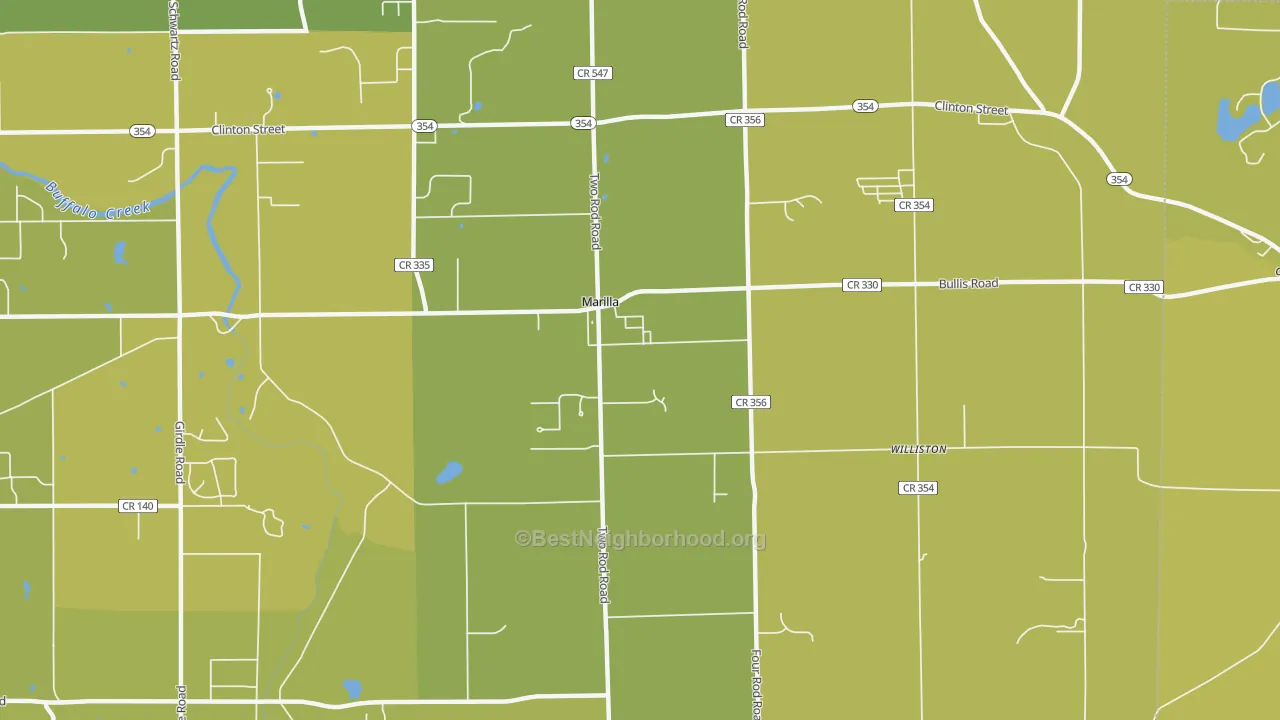 Map of the best neighborhoods in the Marilla area, with better matches in green and worse matches in red
