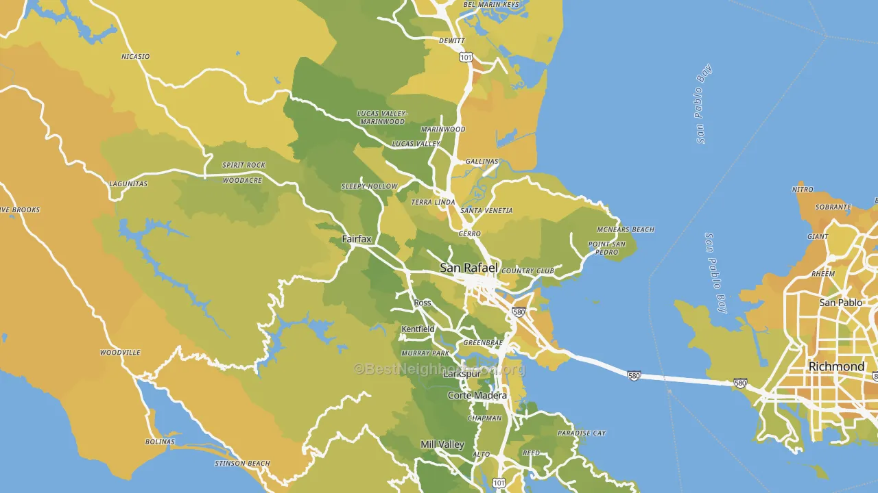 Map of the best neighborhoods in the Marin County area, with better matches in green and worse matches in red