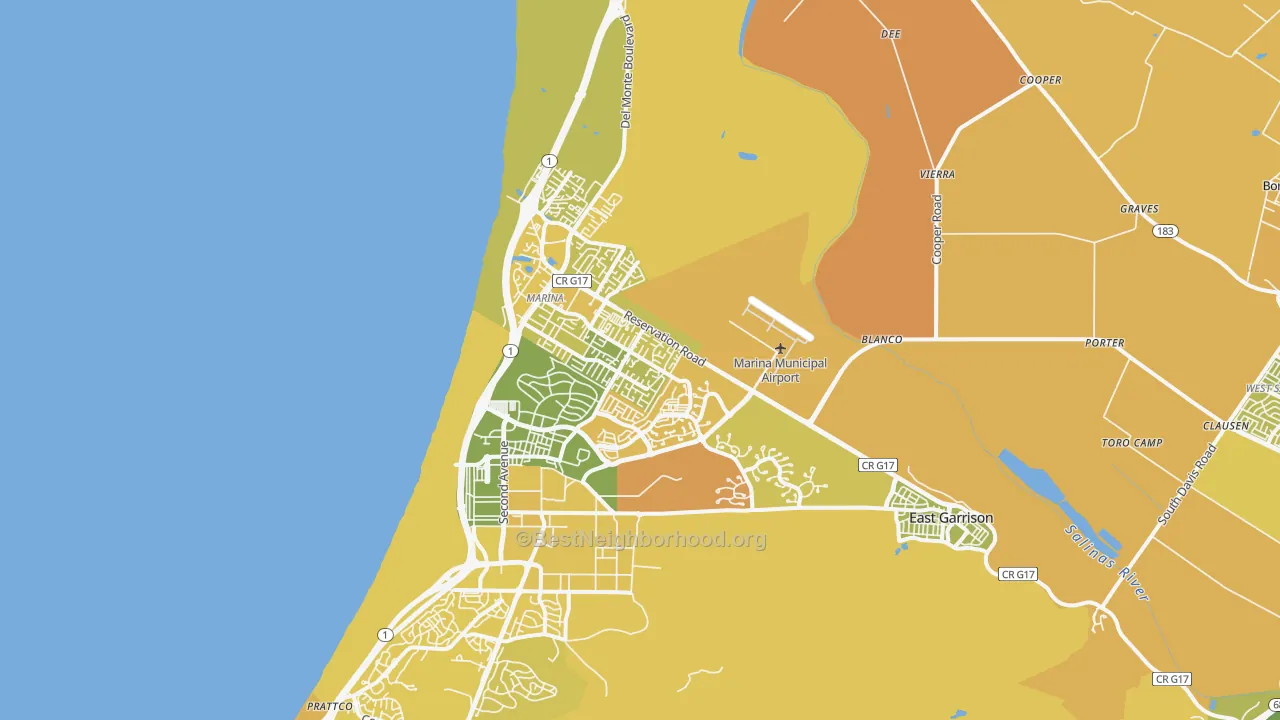 Map of the best neighborhoods in the Marina area, with better matches in green and worse matches in red