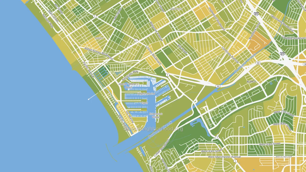 Map of the best neighborhoods in the Marina Del Rey area, with better matches in green and worse matches in red