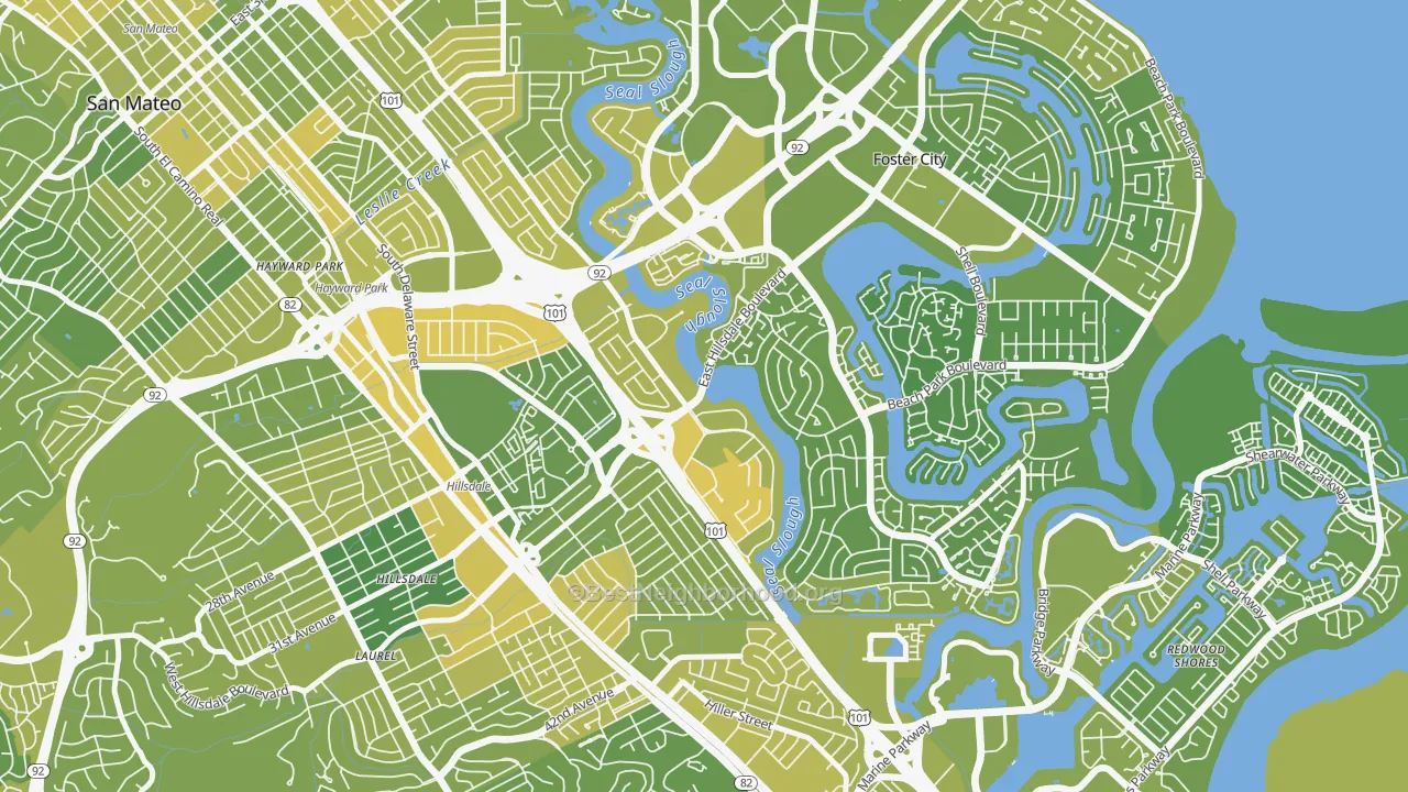 Map of the best neighborhoods in the Marina Lagoon, San Mateo area, with better matches in green and worse matches in red