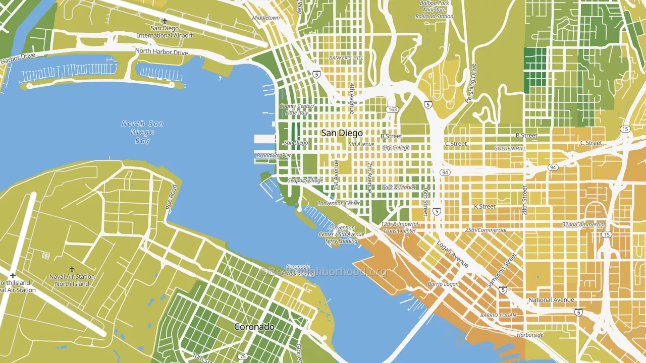 Map of the best neighborhoods in the Marina, San Diego area, with better matches in green and worse matches in red