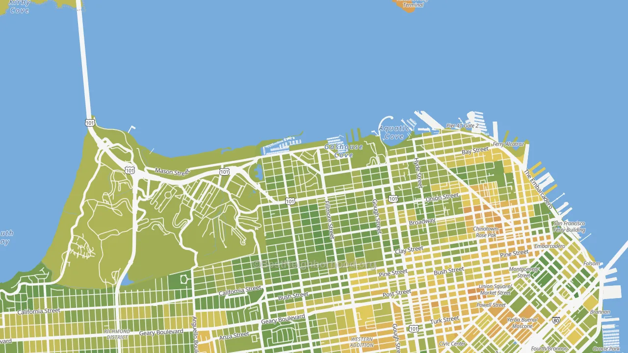 Map of the best neighborhoods in the Marina-San Francisco, San Francisco area, with better matches in green and worse matches in red