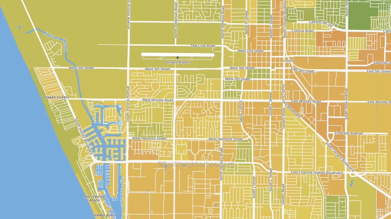 Map of the best neighborhoods in the Marina West, Oxnard area, with better matches in green and worse matches in red